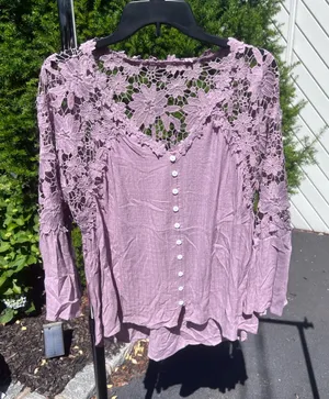 Amazon Crochet Yoke Faux Button-Front Blouse in Dusty Mauve thumbnail 1