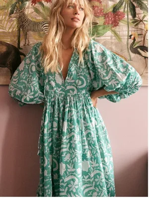 Molly Bracken Puffer Sleeve‎ Loose Fit Printed Blue White Floral Cotton Dress M thumbnail 2