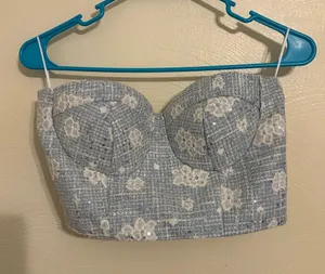 LENA Blue Tweed Floral Sequin Corset Bustier Top & Pleated Skirt Set S thumbnail 1