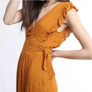 Patrons of Peace Mustard Yellow Floral Wide Leg Boho‎ Jumpsuit Small KS18387T thumbnail 2