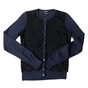 Ann Taylor Cardigan Sweater Womens S Used Navy with Black Lace Front thumbnail 3