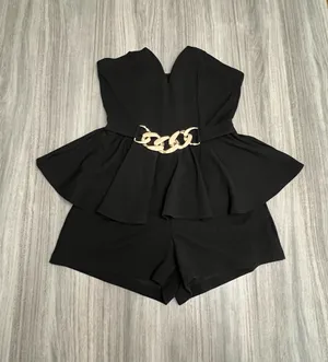 Strapless Black Peplum Romper with Gold Chain Detail thumbnail 5