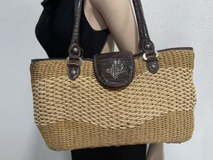 Tan Straw Woven Hand Bag Purse- Beautiful Metal Details thumbnail 3