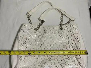 White Faux Leather Tote Bag Silver Floral Cutout Shoulder Purse Chain Handles thumbnail 3