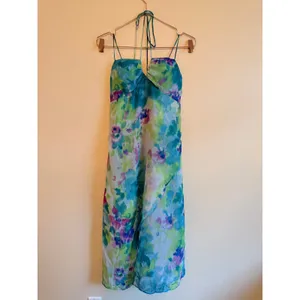 Morgan & Co Dress Womens 13 Blue Watercolor Floral Midi Keyhole Tie Back 40021 thumbnail 3