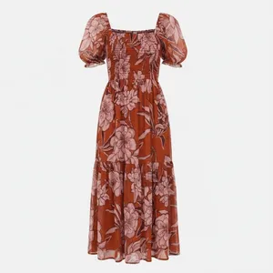 Patrons of‎ Peace Floral Midi Dress Medium Rust Pink Smocked Puff Sleeve Boho thumbnail 2