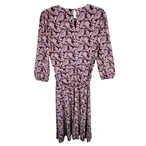 Lauren Ralph Lauren Burgundy White‎ Paisley 3/4 Sleeve Belted Midi Dress Size 8 thumbnail 2