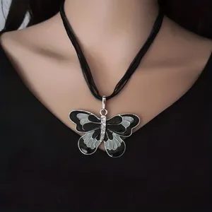 Women's Colorful Butterfly Inlaid Zircon Pendant Ribbon Charm Necklace Black thumbnail 1