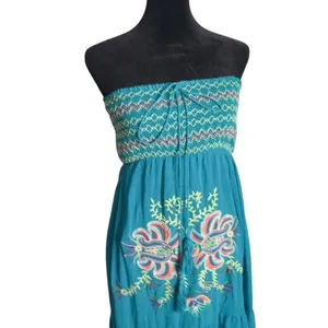 Flying Tomato BOHO Embroidered Floral Smocked Strapless Tiered Maxi Dress Womens S Teal Beach thumbnail 3
