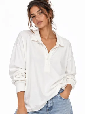 Aerie Womens Oversized Rugby Polo Top XL White Cotton Boyfriend Coastal Preppy thumbnail 1