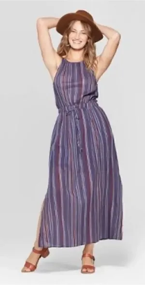 Universal Thread Women Striped Sleeveless Maxi Size Small Navy Blue thumbnail 1