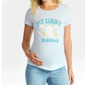 Maternity T Shirt My First Rodeo Bull Skull‎ Graphic Blue Short Sleeve Top M thumbnail 4