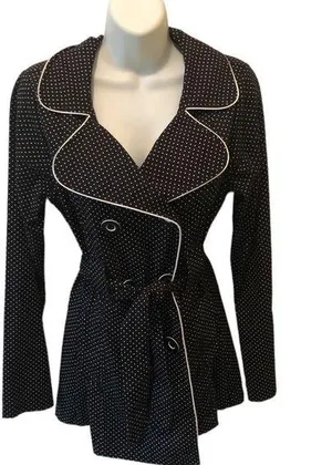 Maurices Black White Polka Dot Stretch Belted Trench Coat Double Breasted Sz. M thumbnail 1