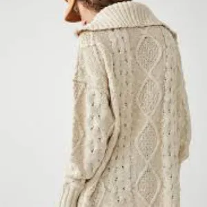Free People Driftwood Cableknit Polo Sweater in Ivory Size Large thumbnail 2