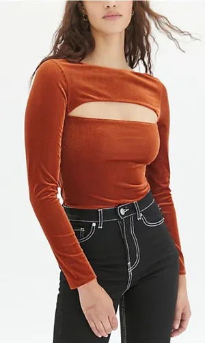 Out From Under Urban Outfitters Rust Ribbed Velvet Cutout Long Sleeve Bodysuit S thumbnail 1