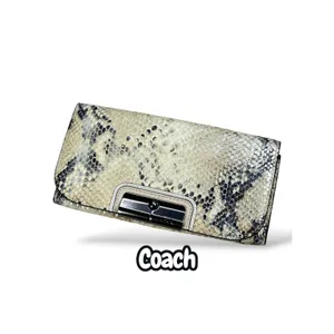 Coach Snakeskin Embossed Leather Long Wallet Turnlock Cream Grey Clutch thumbnail 3