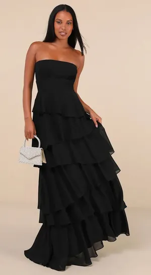 NWOT Lulus Gorgeous Essence Black Strapless Tiered Maxi Dress Wedding Size M thumbnail 1