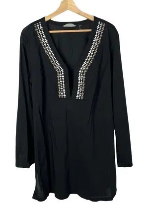 Athleta Black V-Neck Light Weight Long Sleeve Printed Swim Coverup S‎ thumbnail 1