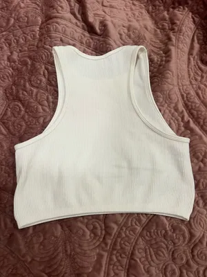 Women's White Ribbed Tank Crop Top - Classic Scoop Neck thumbnail 2
