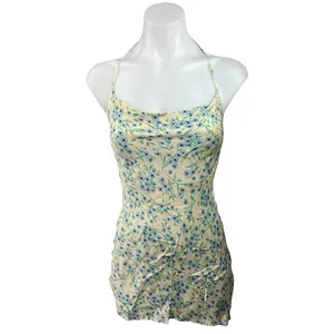 Zara Yellow Blue Floral Silk Satin Cowl Sleeveless Camisole Mini Dress Size XS thumbnail 4