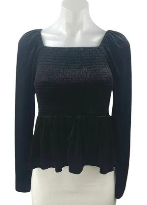 Gap Women's Black Long Sleeve Smocked Square Neck Peplum Blouse Top Size M thumbnail 1