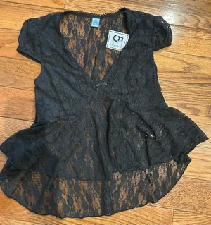 NWT Black Lace see through Cap Sleeve Babydoll high low Top size M thumbnail 20
