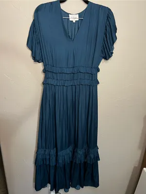 Bohme Willa Teal Tiered Ruffle Midi Dress Romantic Boho thumbnail 2