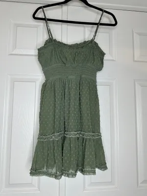 Trixxi Sage Green Swiss Dot Smocked Mini Dress Size Small Boho Cottagecore thumbnail 5