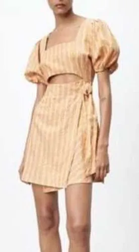 Zara Mustard Yellow Striped Linen Blend Cutout Puff Sleeve Mini Wrap Dress XS thumbnail 1