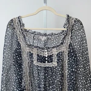 Do & Be Heart Print Lace Trim Babydoll Coquette Fairy Sheer Blouse S Navy thumbnail 2
