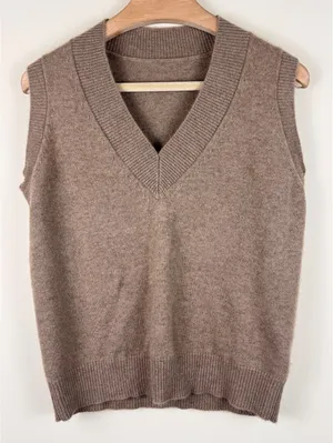 100% Cashmere V-Neck Sweater Vest Taupe Brown Sleeveless Quiet Luxury S M thumbnail 1
