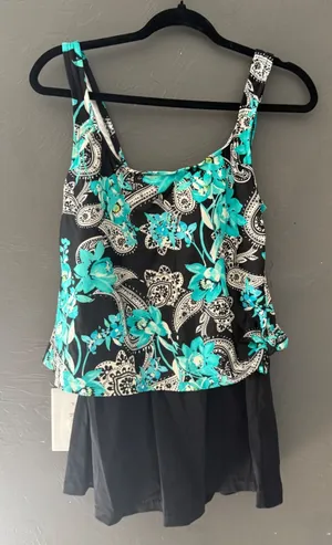 Azul Y2k Floral Paisley Tankini Swimsuit Set Teal Black‎ Skirted 12 Resort thumbnail 1