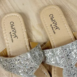 Olivia Miller‎ Metallic Rhinestone Thong Flip Flop Sandals Silver Tan Size 6 thumbnail 8