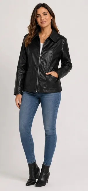 Renee Raquel Black Zipper PU Jacket, Large thumbnail 1