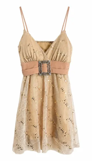 Amazon Women’s Gold Y2K Sequin Mesh Babydoll Party Tank Top. Size: Small thumbnail 1