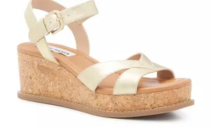 NIB Steve Madden Sz 6 Gold Metallic Leather Robbin Cork Wedge Ankle Strap Sandal thumbnail 1