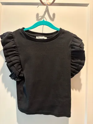 ZARA Ruffle Sleeve Black Crop Top thumbnail 2