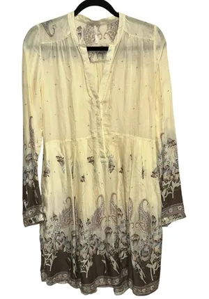Free People Boho Tunic Dress Small Cream Paisley Floral Flowy Peasant‎ Dress thumbnail 1