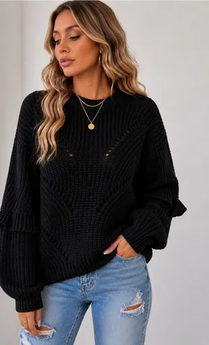 POL Black Chunky Knit Oversized Sweater‎ Ruffle Sleeve NWOT T Medium thumbnail 1