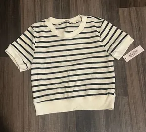 Women’s Cream & Black Striped Short Sleeve Top thumbnail 1