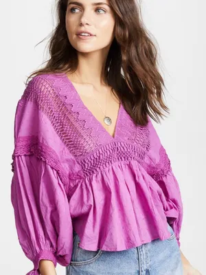 Free People Drive You Mad Neon Orchid Large Peasant Swiss Dot Purple Tie Sleeve thumbnail 1