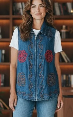 Bobbie Brooks Vest Top SZ LG Sleeveless Zip Denim Embroidered Artsy Casual Boho thumbnail 1