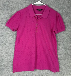 Lauren Ralph Lauren Size-L Women Pink Short-Sleeve Eyelet Polo Shirt Top thumbnail 1