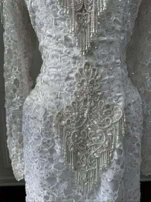 Vintage 80s Wedding Dress Heavily Embellished Long Sleeve Plunging Back S M 6 thumbnail 4