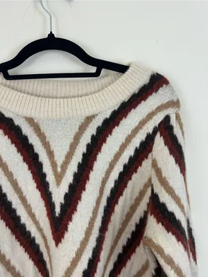 Evereve Cozy Chevron Striped Crewneck Sweater Cream with Brown & Burgundy Medium thumbnail 2