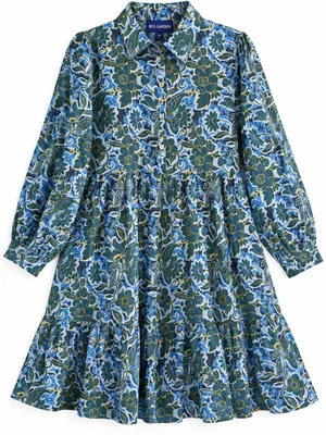 Ro's Garden Shirt Dress Womens Medium Blue Floral Tiered Mini Cotton thumbnail 2