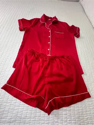 Ekouaer Bedtime Stories Red Satin Short-Sleeve Pajama Set with White Piping in Size M thumbnail 3