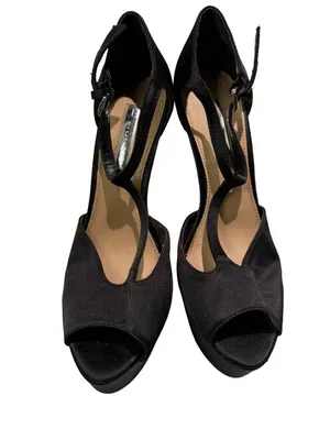 H by Halston Black Satin Peep-Toe Platform Heels Ankle Straps with rhinestones thumbnail 2