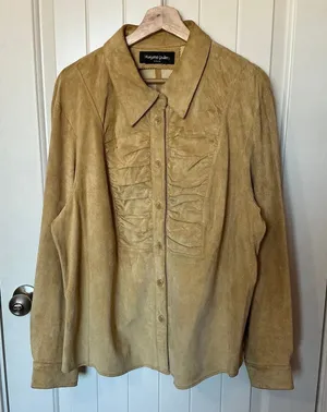 Vintage Margaret Godfrey Suede Ruched Button Up Shirt Large Tan thumbnail 1