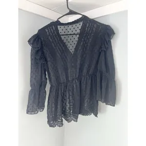 Zara‎ Black Swiss Dot Ruffled Scalopped bottom Sheer Blouse Women's Small thumbnail 5